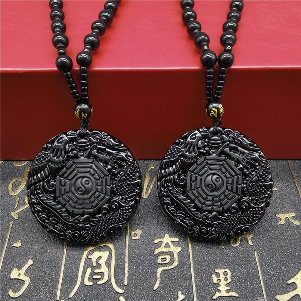 Kalung Liontin Obsidian Motif Naga Phoenix Gaya retro Punk Untuk Pria Dan Wanita