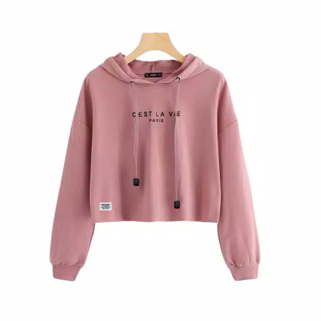 SWEATER CROP HOODIE BAHAN BEBYTERRY C'EST LA VIE TERLARIS