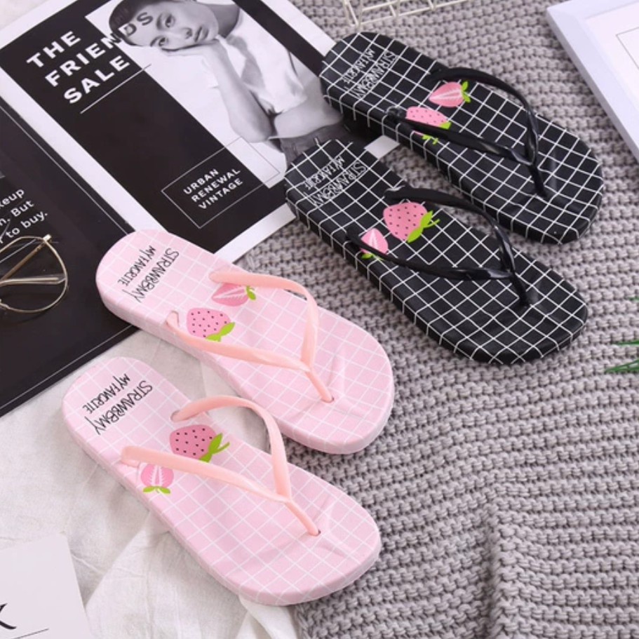 SANDAL Jepit Wanita MOTIF Strawberry Sendal Japit Rumah Spon Cewek Dewasa