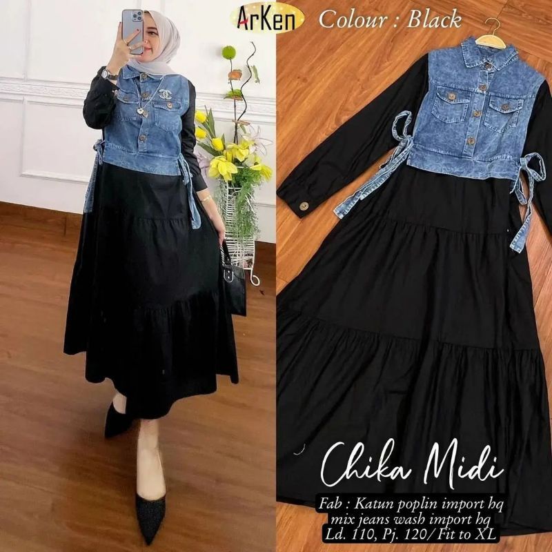 Chika Midi Dress Wanita Katun Twill Mix Rompi Jeans Original Products