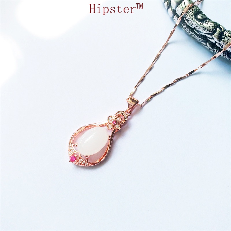 Fashion Classic Hot Sale 18K Rose Gold Full Diamond Pink Jade Pendant Elegant Necklace