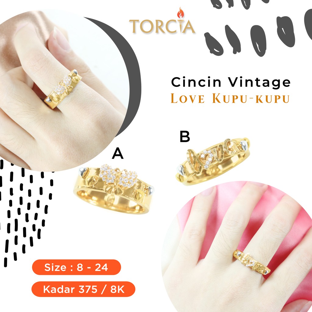 Cincin Emas Asli Vintage Love Kupu-Kupu Kadar 375 Torcia