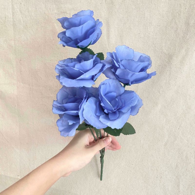 Bunga Mawar hias Rose Impor  FL X5 P:40cm (satuan) Bunga Artificial / Bunga Plastik / Bunga Dekorasi-Biru elektrik
