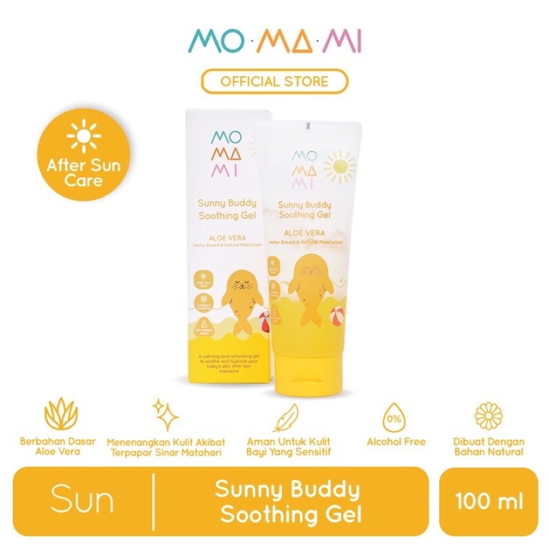 Momami Sunny Buddy Soothing Gel 100ml Pelembab Iritasi Kulit Muka Badan Anak Bayi dari Terbakar Sinar Matahari