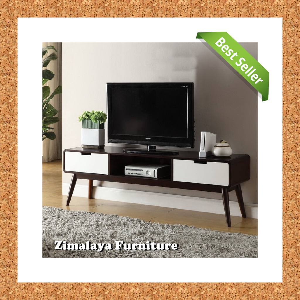 Meja TV Jati Kaki Tinggi Model Retro Minimalis 2 Laci Putih Elegant