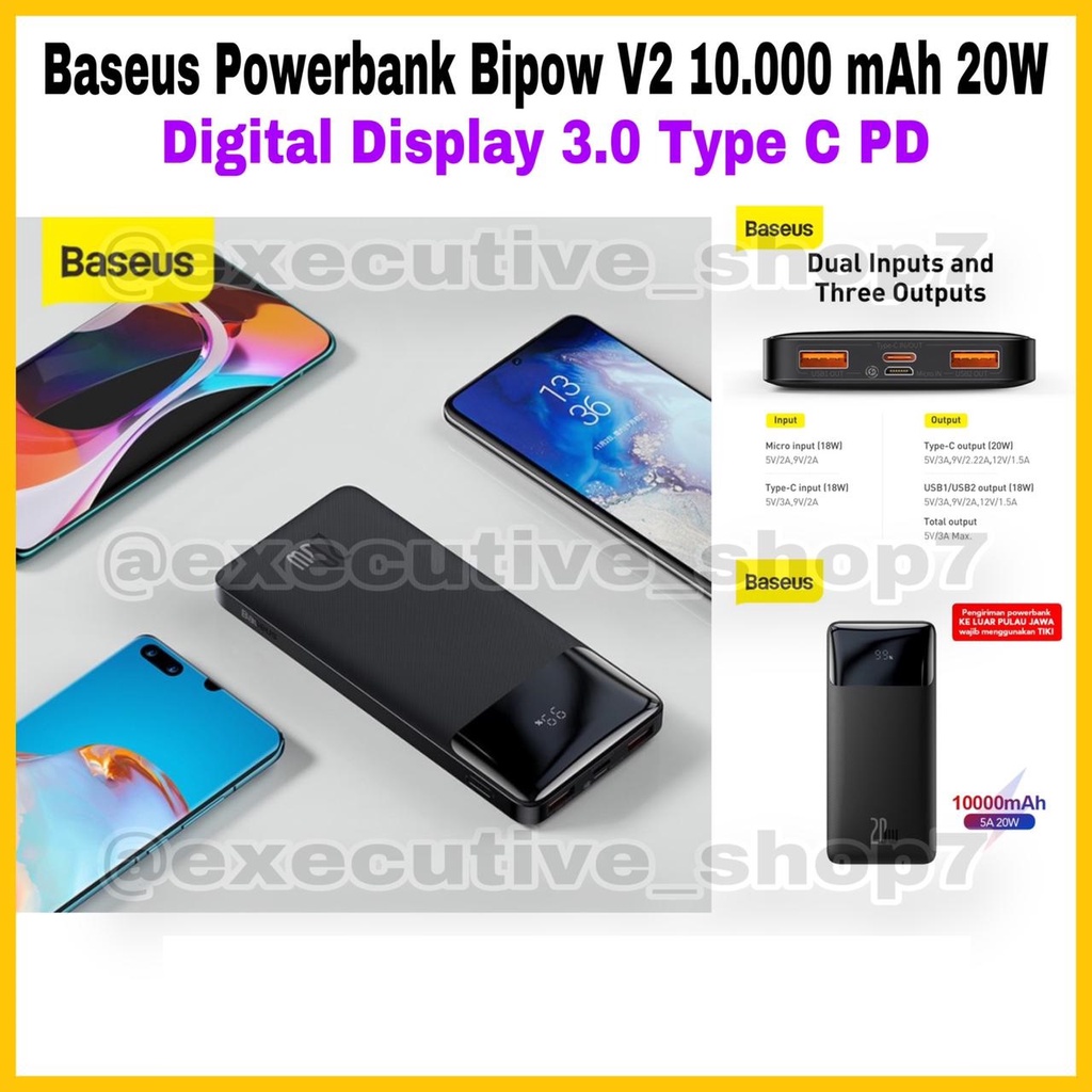 Baseus Powerbank Bipow V2 10.000 mAh 20W - Digital Display 3.0 Type C PD