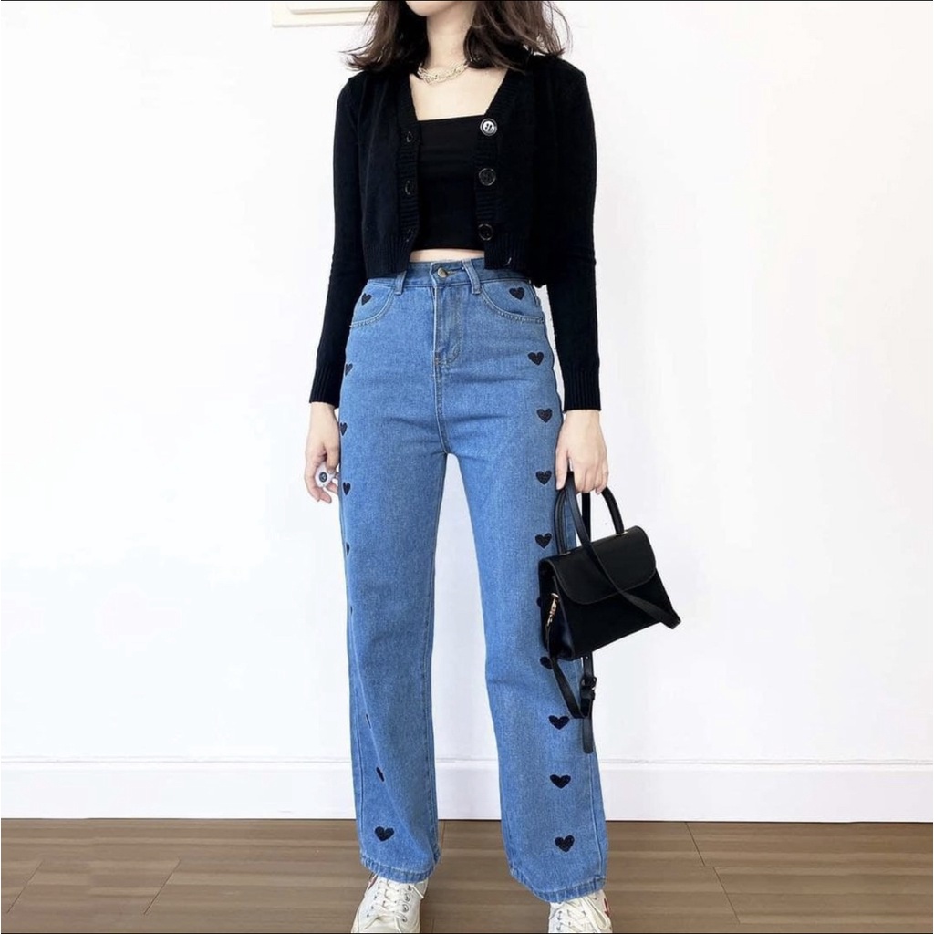 KULOT LOVE HITAM / KULOT JEANS LOVE KEKINIAN / KULOT JEANS HIGHWAIST LOVE BORDIR