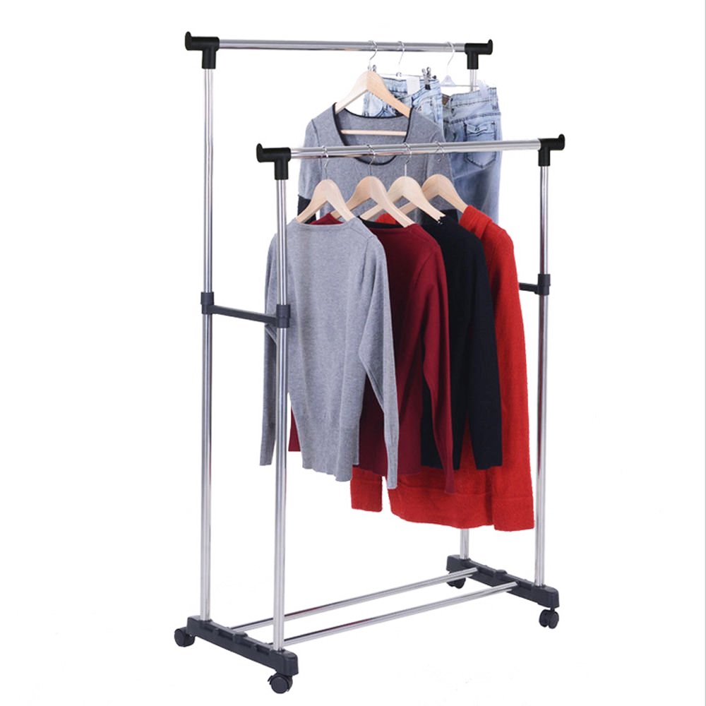 Rak Gantungan Baju Double Rod Rack Stainless + Roda