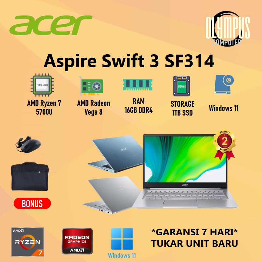 Laptop Acer Swift 3 SF314 Ryzen 7 5700 16GB 1TBSSD VEGA8 W11+OHS 14.0FHD 100SRGB