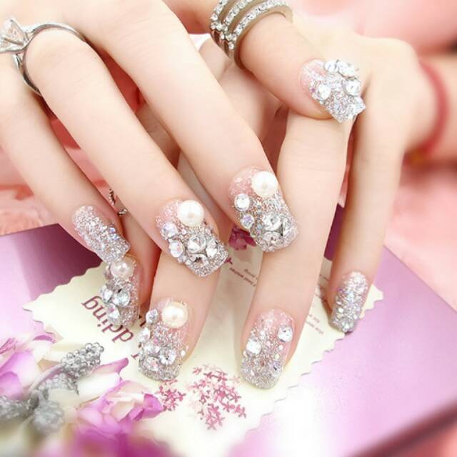 (GRP - GRPO) Wedding fake nail Gliter Rhinestone Pearl kuku palsu pernikahan hias 3D