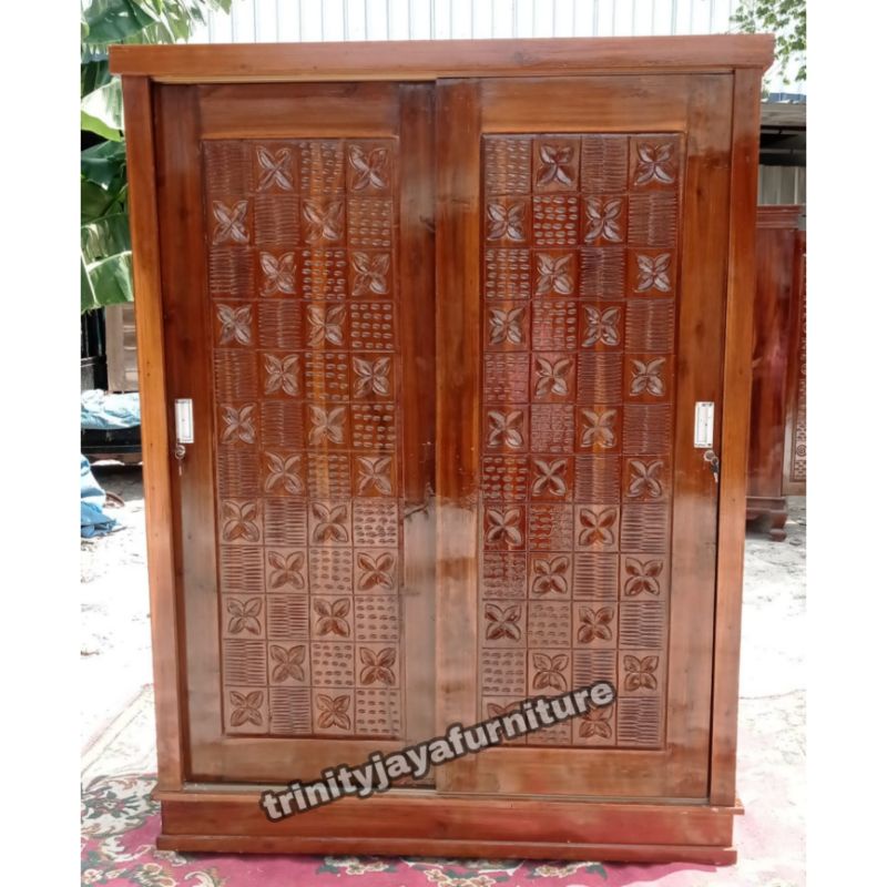 Lemari Pakaian 2 Pintu Sliding Jumbo Kayu Jati Trinityjayafurniture