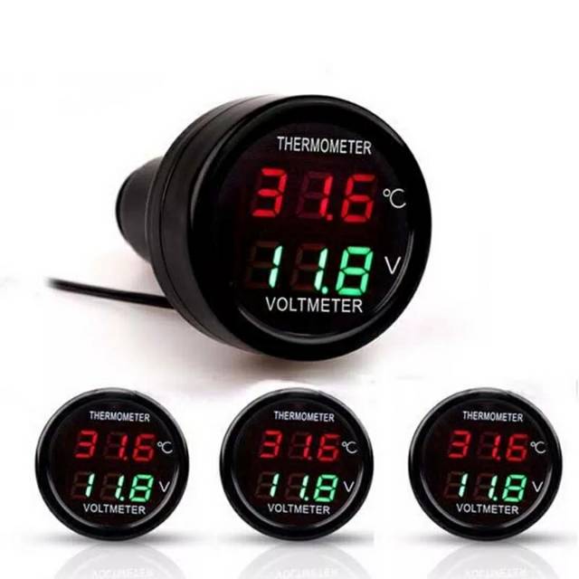 Pengukur Tegangan Volt Thermometer Suhu Meter Monitor Tegangan 12 V 24 V LED Display Tahan Air