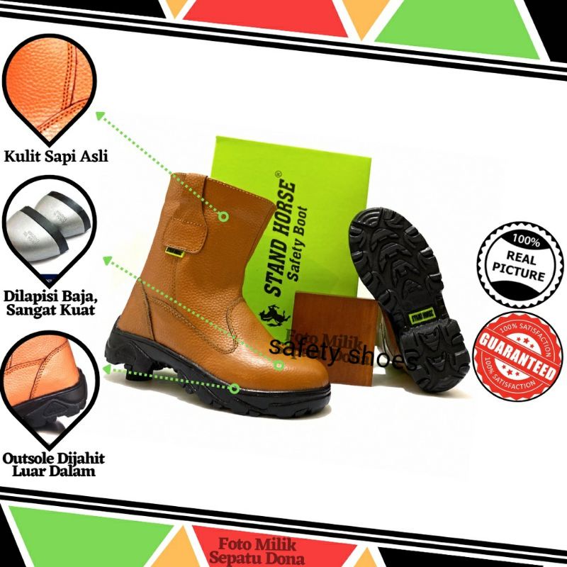 Sepatu Safety Boots Proyek Kulit Sapi Asli kerja Lapangan Septi ujung Besi Murah Unisex