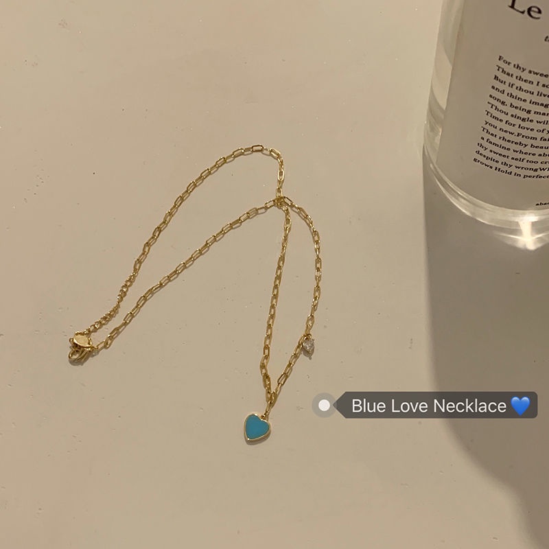 Kalung Rantai Klavikula Desain Hati Warna Biru Permen Untuk Hadiah Perhiasan Wanita