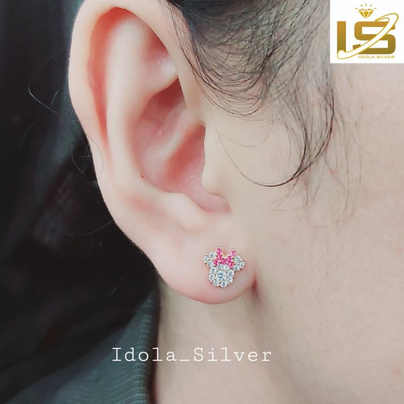 GIWANG TUSUK PERAK ASLI SILVER 925 LAPIS EMAS PUTIH MODEL MICKEY PINK - PERHIASAN PERAK ANAK/DEWASA