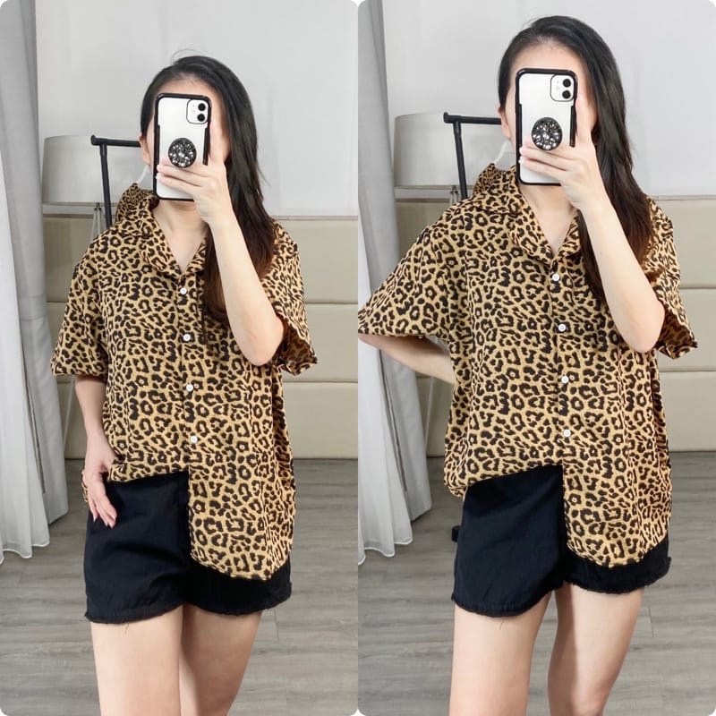 baju atasan kemeja jumbo lengan pendek / blouse atasan casual motif leopard / kemeja lengan pendek / kemeja leopard lengan pendek / kemeja bigsize