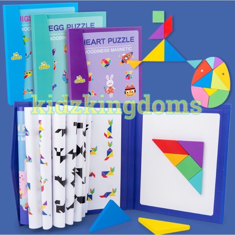 Mainan Edukasi Anak Brain Game Magnetic Puzzle Tangram Wooden Block - Magnetic Tangram Jigsaw puzzle