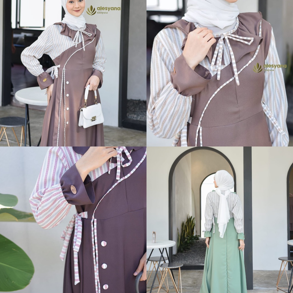 Dress ravania by alesyana dan adora by viola hijab outher look lucu shabby muslim new model pastelen overall baju wanita murah muslimah salur shabby premium