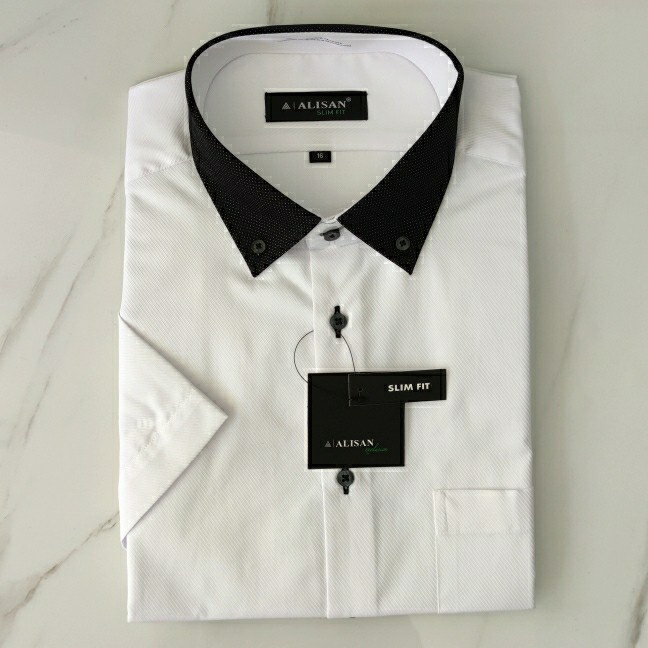 ALISAN KEMEJA PRIA SLIMFIT PENDEK PUTIH DOBBY KERAH HITAM BINTIK KEREN TERBARU