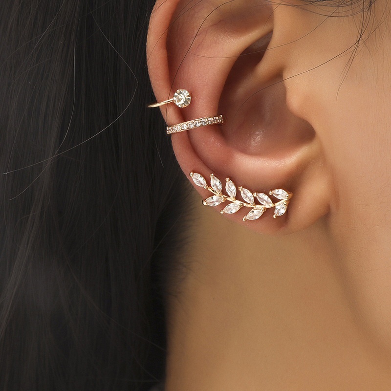 Branches and leaves unilateral zircon does not rust ear bone clip ear buckle ear clip ear stud earrings 2-piece set