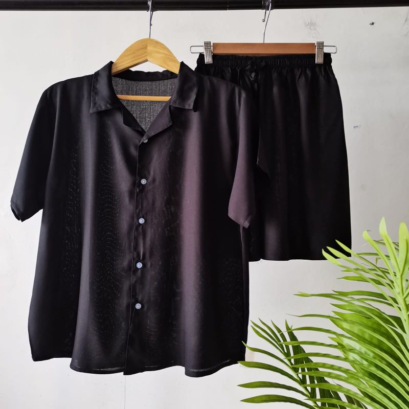 PIYAMA KANCING PENDEK | PIYAMA RAYON | BAJU TIDUR RAYON-KCB HITAM