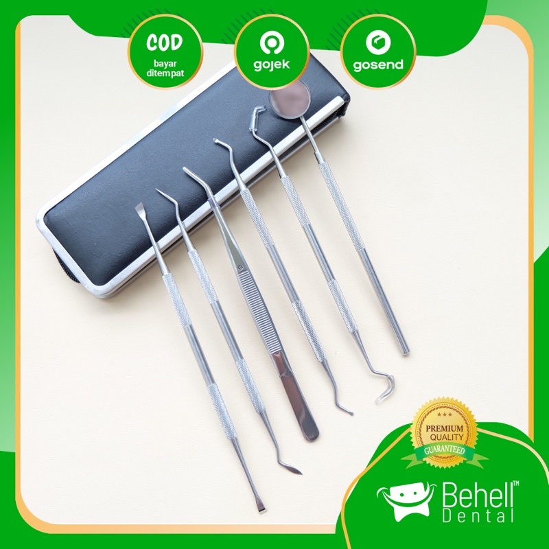 Set Isi 6 Alat Penghilang Plak Karang Tartar Gigi Behelldental / Alat standart dental diagnostic diagnostik kit set pembersih karang gigi isi 3 standar kaca mulut pinset tweezer sonde halfmoon stainless dokter gigi / Dental Oral Care Isi 3 / 4 / 5 / 6