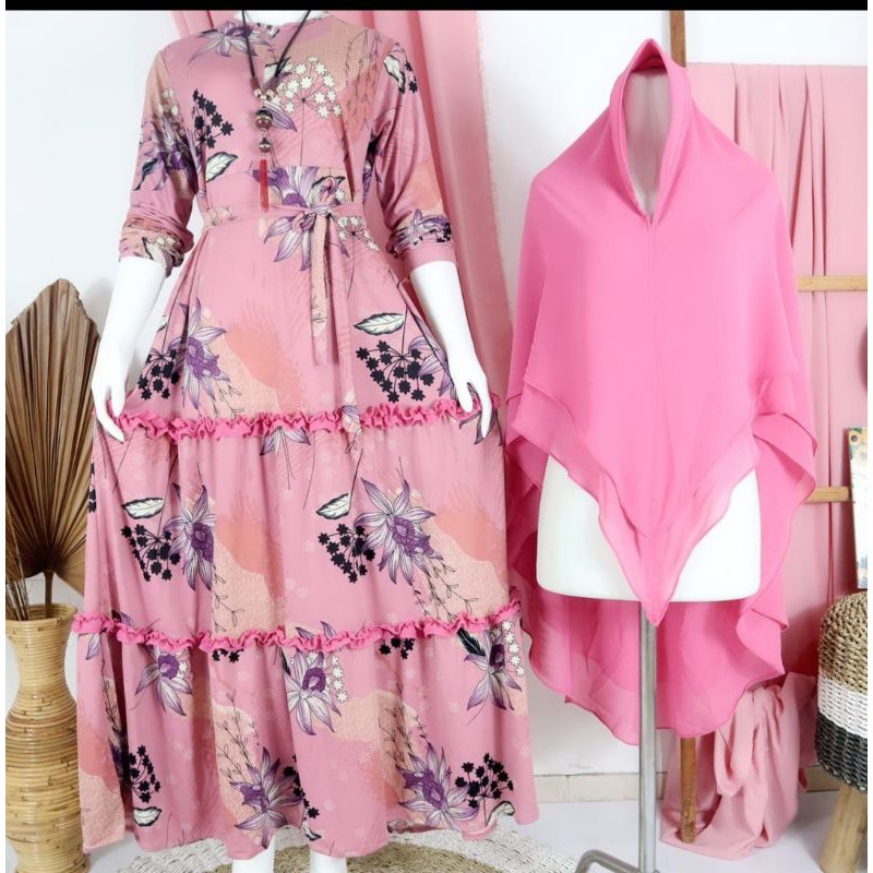 gamis misbee set khimar ceruty bshan halus motif terbaru periapan lebaran