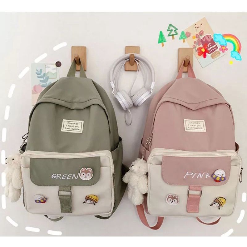 COD Tas Ransel Anak Fashion Ala Korea Motif Kartun Tas Sekolah 4 Warna Free Botol Minuml