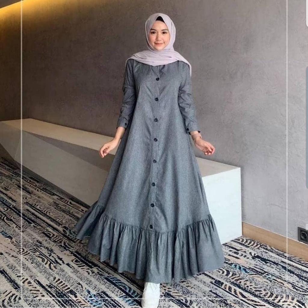 MRA - Peoni Dress Fashion Muslim Gamis Dress Moscrepe Rempel Serut Pakaian Wanita Murah