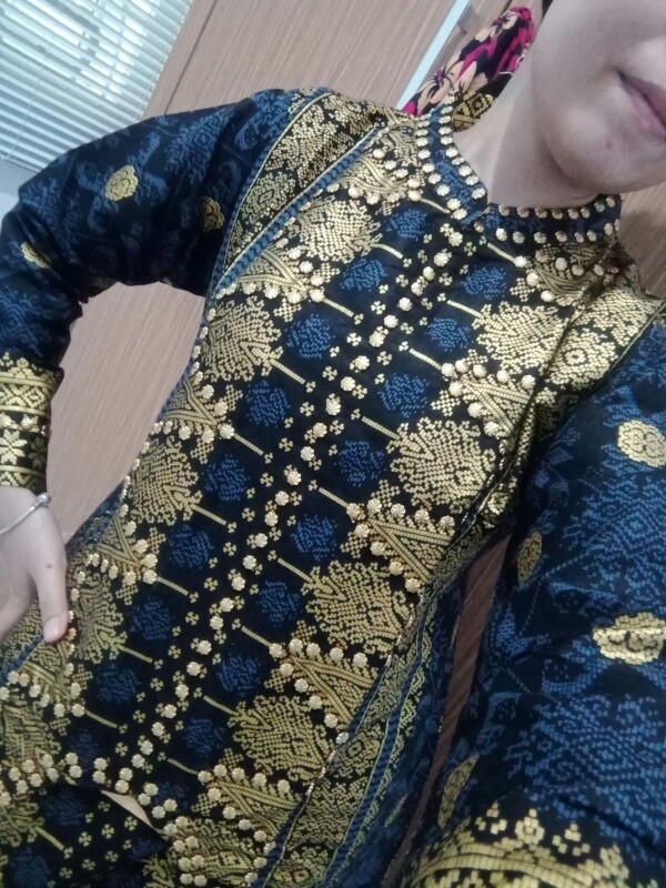 Couple Setelan Batik Songket Palembang Dasar Hitam  Bunga Abu