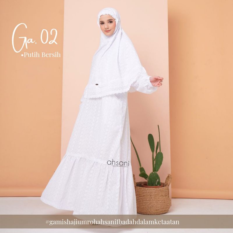 Ahsani GA02 Baju Gamis Wanita Syari Umroh Katun Bordir Adem Nyaman Tebal Baju Muslimah Putih Gamis Haji Mewah