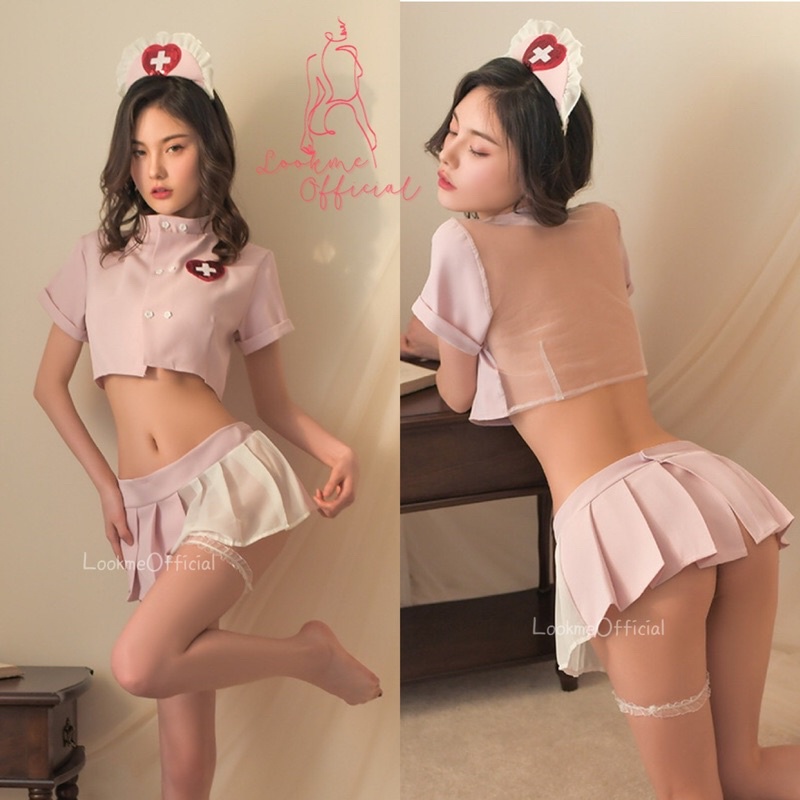 Kila Set Lace Lingerie Doctor Uniform Setelan 2 Potong Crop Top + Rok Mini Rempel + Topi Suster Seks
