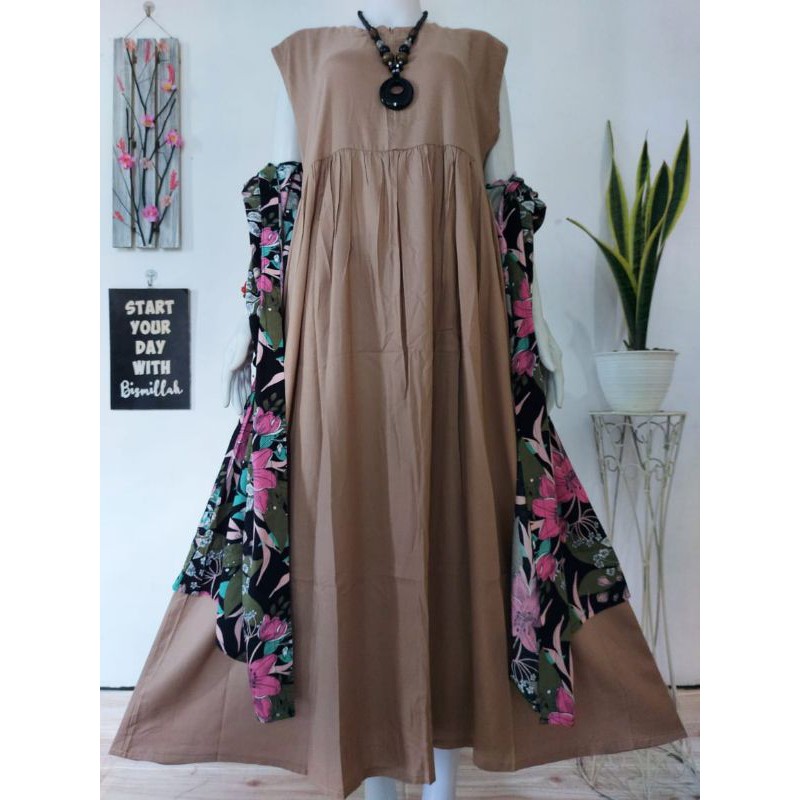 Gamis Mayung Set Outer Premium | Gamis Dress Polos Tanpa Lengan | Outer Motif Flower