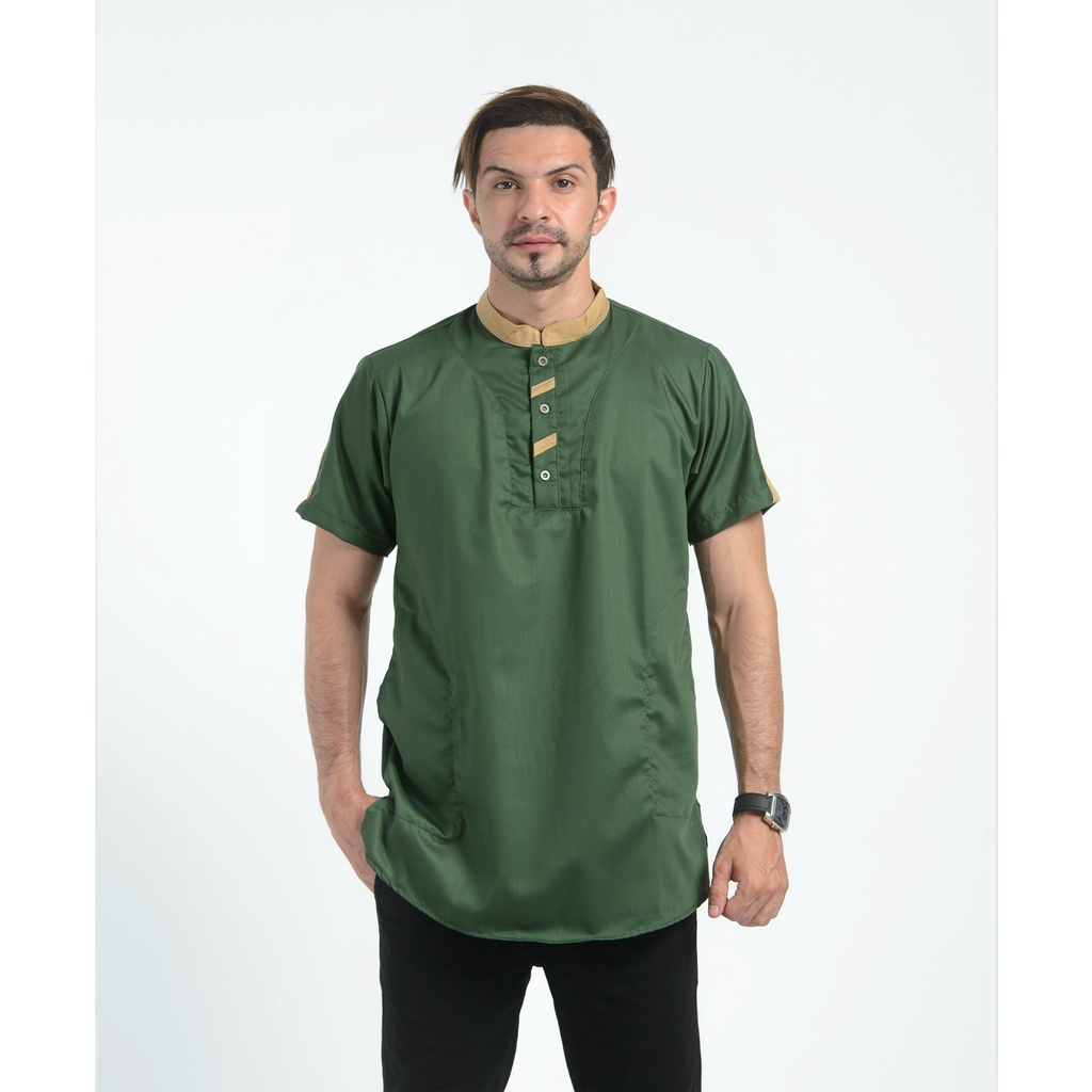 Baju Koko Pria Dewasa Babussolihin Hijau Botol Lengan Pendek Jahitan Rapi Atasan Spesial Lebaran