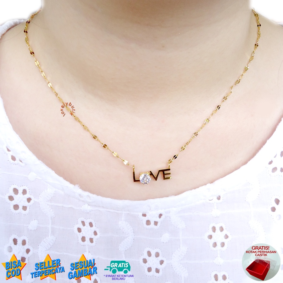 Lovelybutik - Kalung Titanium Wanita Anti Karat Anti Luntur Plus Liontin Tulisan Love 4Irin Kalung Titanium Asli Bonus Tempat Perhiasan