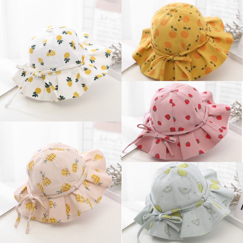 Topi Bucket Bundar Rumbai Buah bayi Anak perempuan Summer Hat Girly bundar pantai summer bucket hat baby motif buah CNA