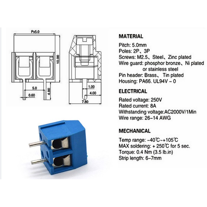 Terminal Blok PCB Block KF-301 2P 2 PIN 5mm Connector konektor Terminal screw BIRU