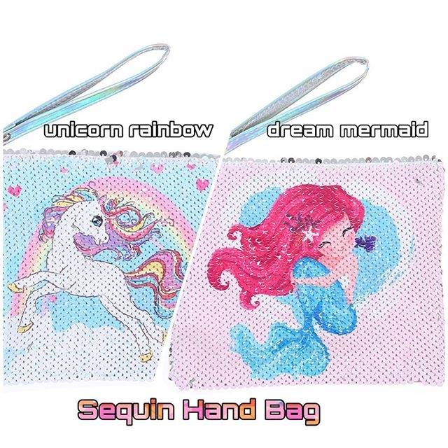 TAS SEQUIN HAND BAG MOTIF UNICORN MERMAID BERUBAH WARNA / POUCH SOUVENIR ULANG TAHUN