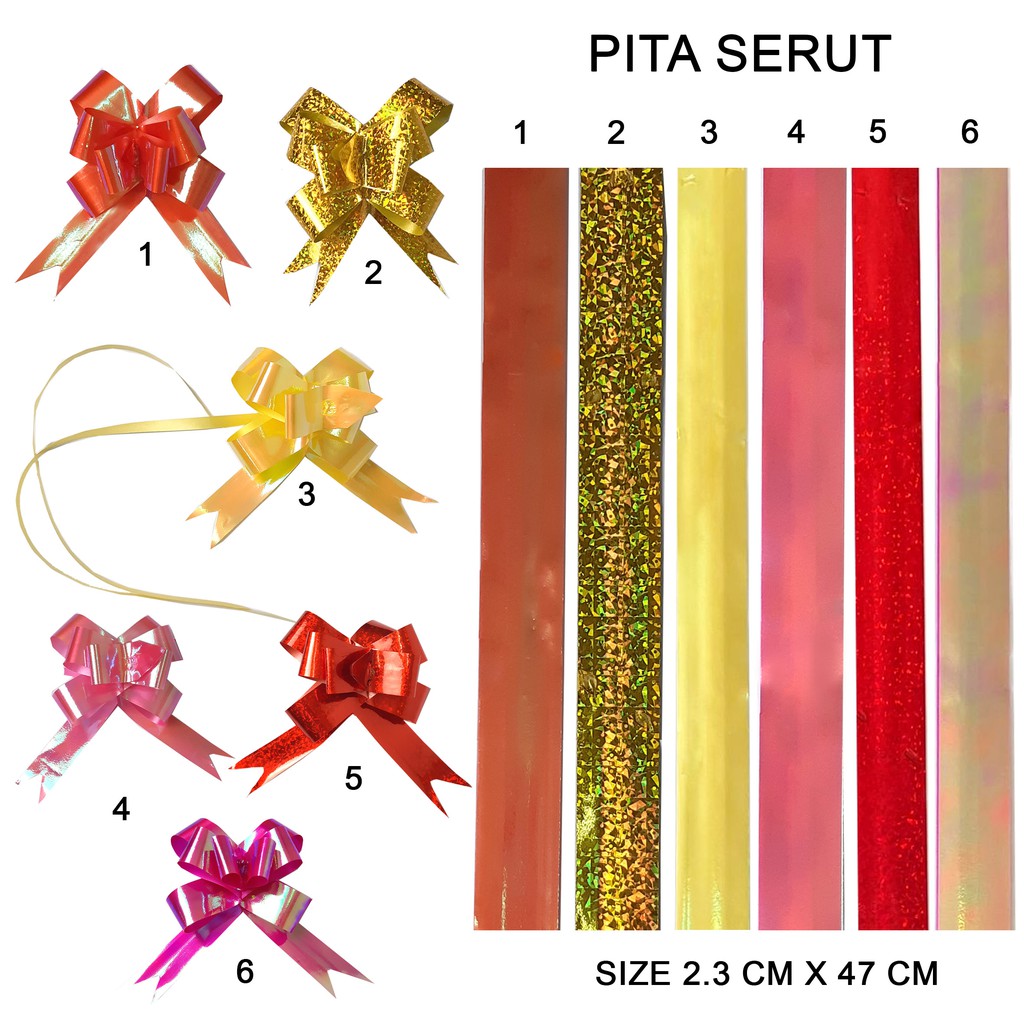 

PITA SERUT TARIK RIBBON SIZE 2.3 X 47 CM. HIASAN PARCEL SOUVENIR. MOTIF METALIK