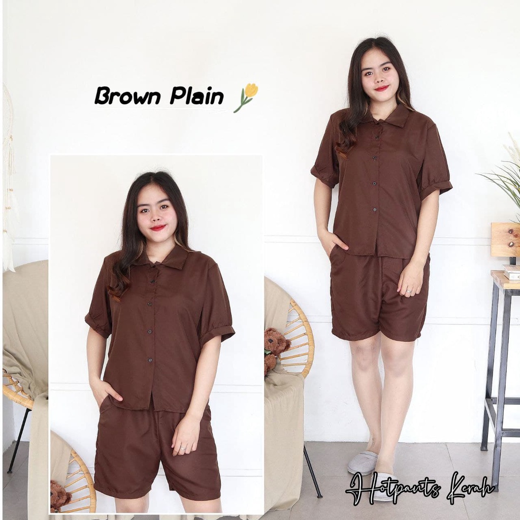 IZANY Piyama Dewasa Hotpant Lengan Balon / HP / Set Celana Pendek Dewasa banyak varian RAYON-BROWN PLAIN SA