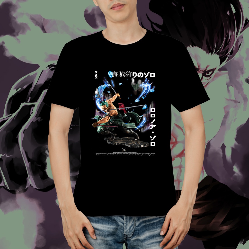 KAOS DISTRO KAOS -  Roronoa Zoro maximum gear - HITAM PUTIH NAVY Kualitas premium SR_001