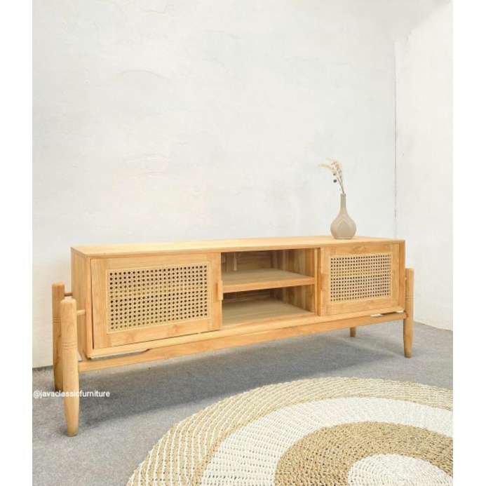BUFET TV SLEDING SCANDINAVIA MINIMALIS RETRO CABINET PAJANGAN ROTAN DRAWER KAYU JATI GRADE A BERKUALITAS EXPORT MURAH FINISHING NATURAL BLEACHING FURNITURE JEPARA-3