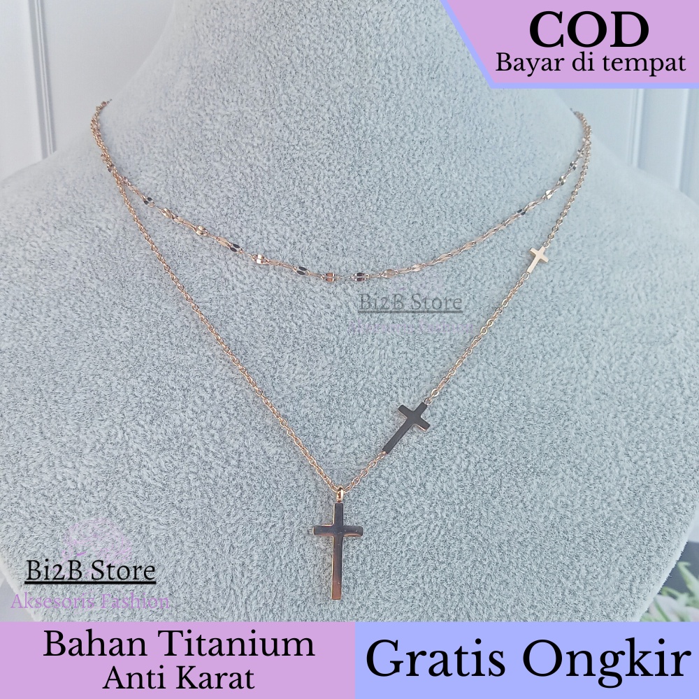 Kalung Wanita Salib 2Layer Titanium Korea Anti Karat Bi2B KT-010 - Rosegold Silver Gold