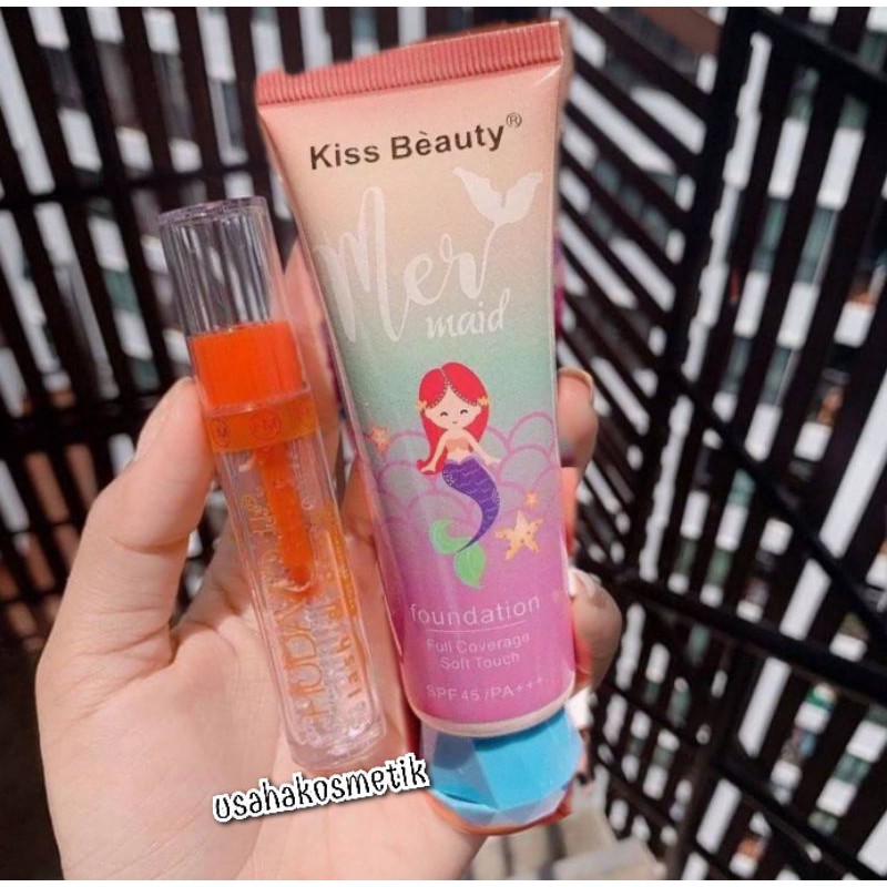 PAKET  MAKEUP 2IN1 FOUNDATION MERMAID JUMBO + MASCARA GEL BENING KEMASAN ORANGE