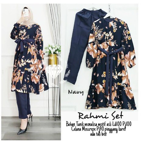 Setelan Rahmi Tunik Wanita Kekinian Motif Terbaru 2021 One Set Bahan katun motif burberry Premium