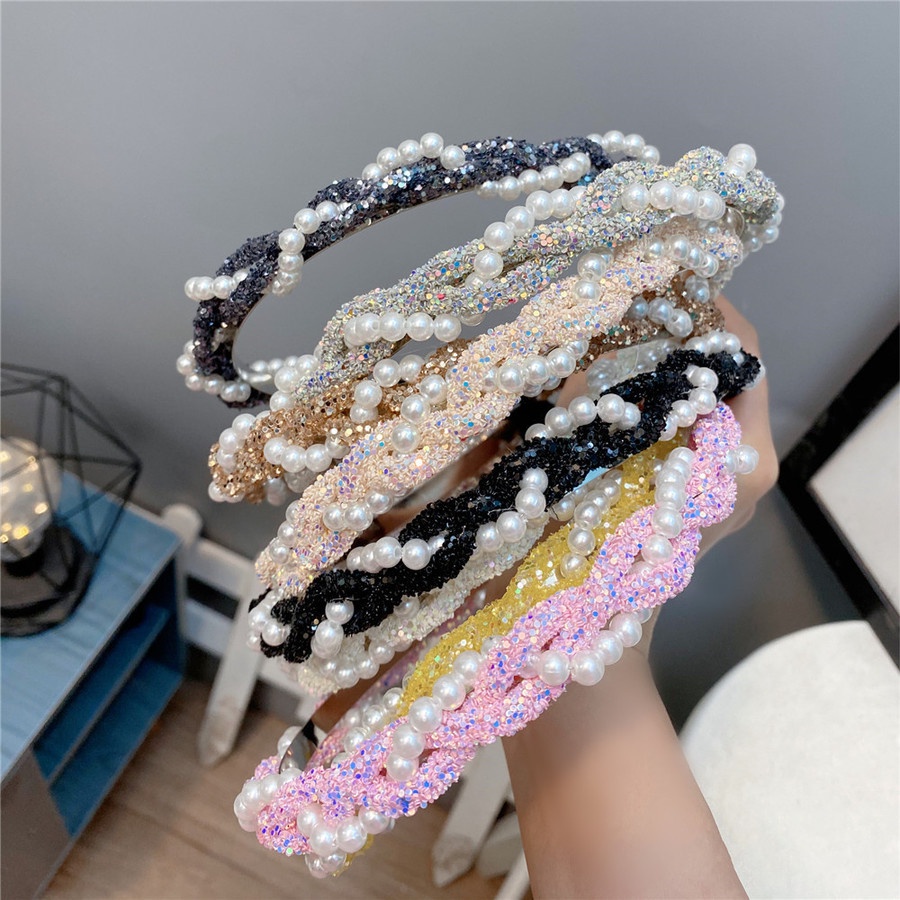 Korean Pearl Sequined Headband Twist Braided Shiny Hair Band Women Hair Accessories