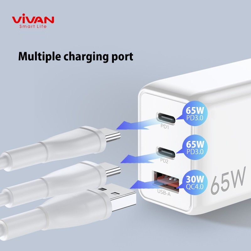 Charger VIVAN GaN01 65W 5A 3 Output PD QC3.0 QC4.0 Port Quick Charge - Garansi Resmi 1 Tahun