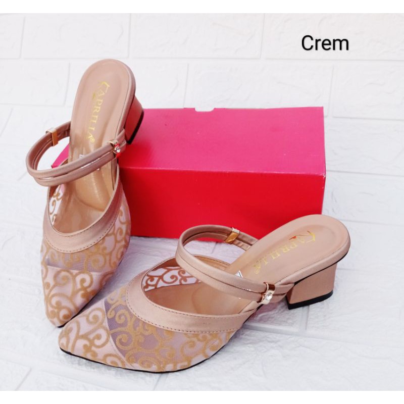 (SIAP KIRIM) Sandal slop brukat hak tahu sandal kondangan sandal pesta-🧸 Cream
