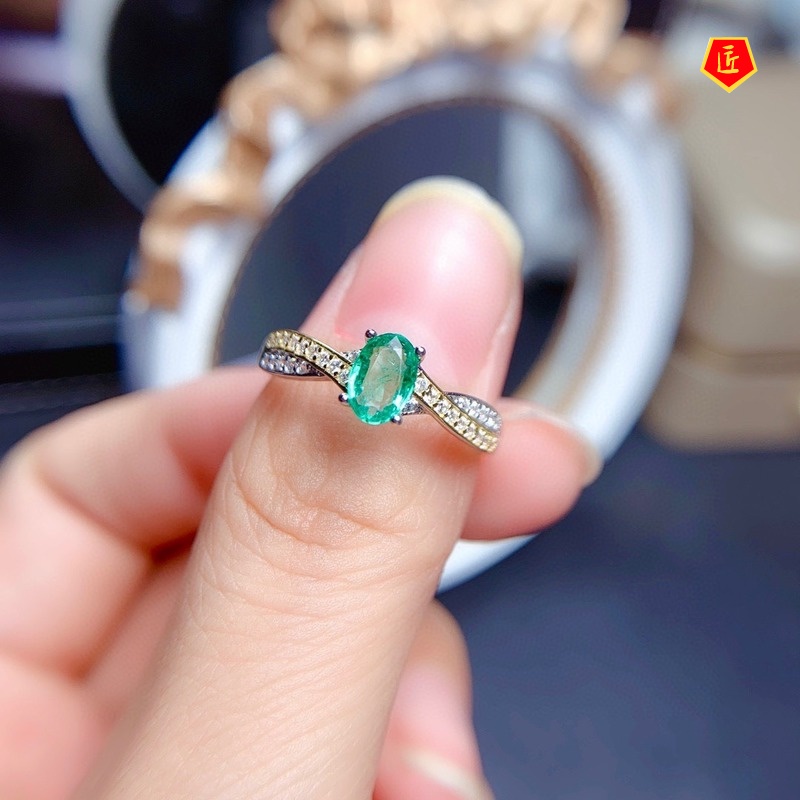 [Ready Stock]Natural Emerald Ring Pt950 Simple and Elegant