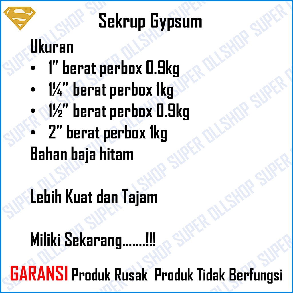 Sekrup Gypsum Baja Baut Skrup Kayu Gipsum Drywall Screw Perkotak